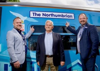 (L-R) Paul Henry, programme manager for the Northumberland Line, council leader Glen Sanderson and Alex Hornby, commercial and customer director with Northern, with the Northumbrian train celebrating the opening of the Northumberland Line.
