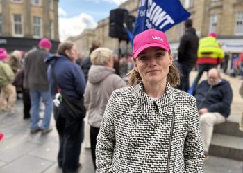 UCU general secretary Jo Grady at a protest rally at Grey's Monument in Newcastle on March 25, 2026. Photo: LDRS.