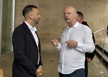 Green Party leader Zack Polanski and Jamie Driscoll, former North of Tyne mayor, speaking at Eldon Square bus station in Newcastle. Photo: LDRS