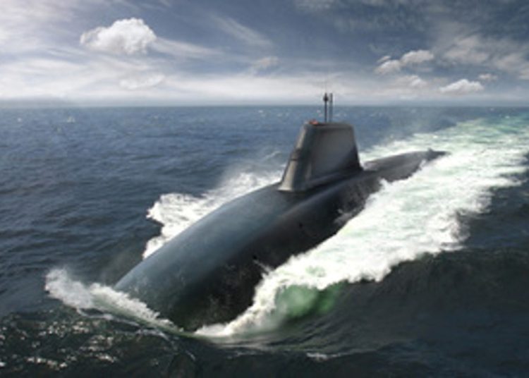 Submarine surfacing in the open sea, with waves splashing around the hull and the conning tower visible.